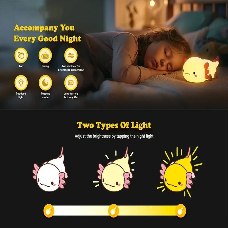 Cute Axolotl Night Light – Soft Silicone LED Lamp for Kids
